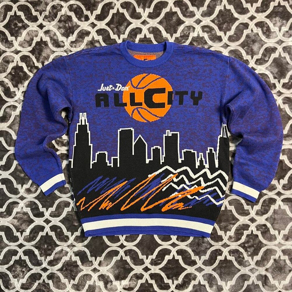 Just Don All City Skyline Sweater Small Retro Tight Weave Crewneck Purple Blue